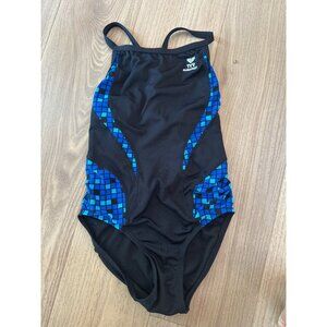 TYR Durafast Womens One-Piece Swimsuit Size 28 Black & Blue Diamond Pattern
